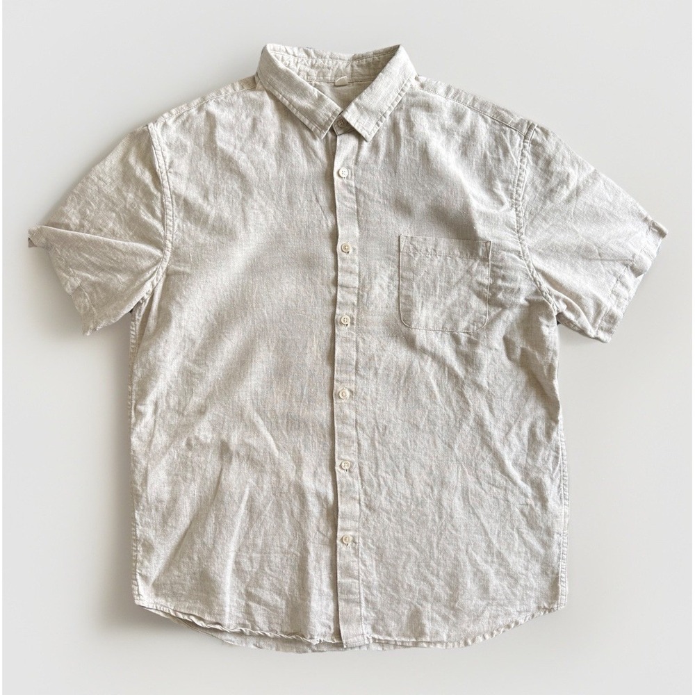 Mens 100% Flax Linen Short Sleeve Button Shirt Beige Natural Minimalist Size M/L